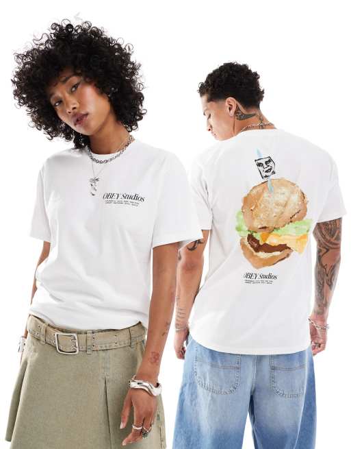 Obey – Vit t-shirt i unisex-modell med hamburgertryck