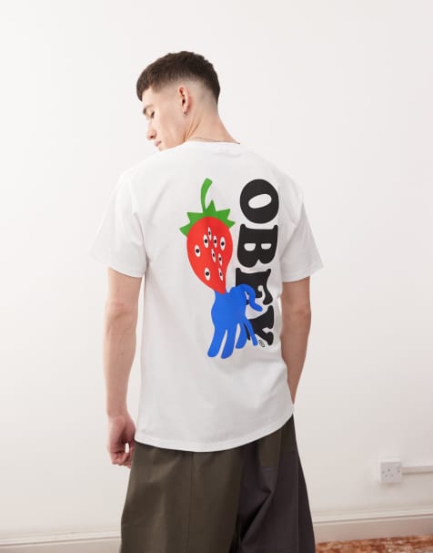 Obey – Vit t-shirt med grafisk jordgubbslogga och tryck baktill - view 1