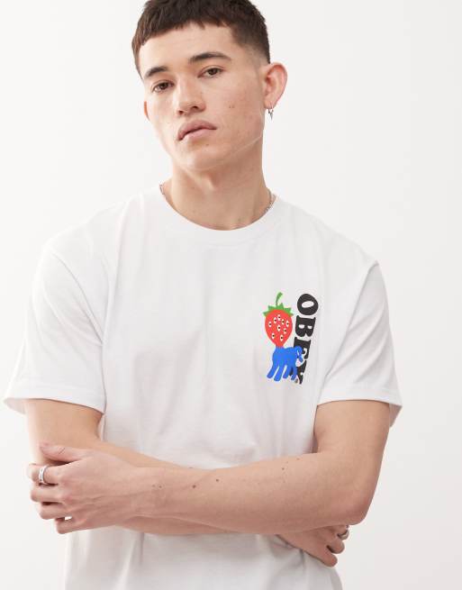 Obey – Vit t-shirt med grafisk jordgubbslogga och tryck baktill, 4 av 4