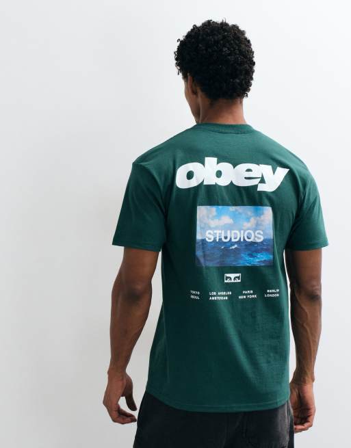 Obey wave back graphic t-shirt in dark green, 3 of 5