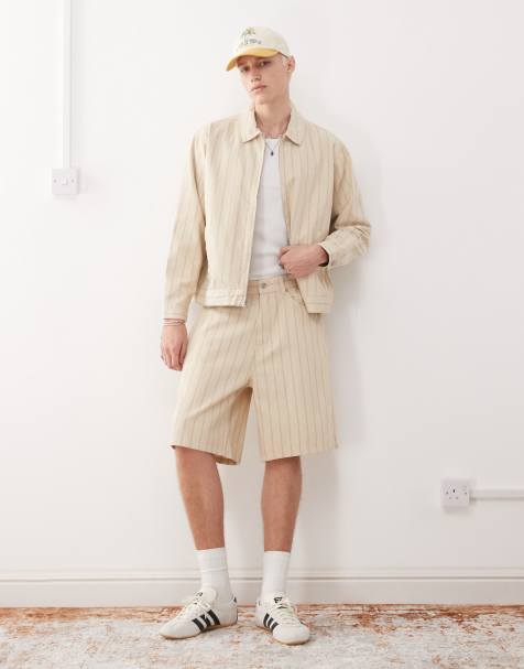Obey – Weite Jeansshorts in Pelican-Beige mit andersfarbigen Streifen - view 1