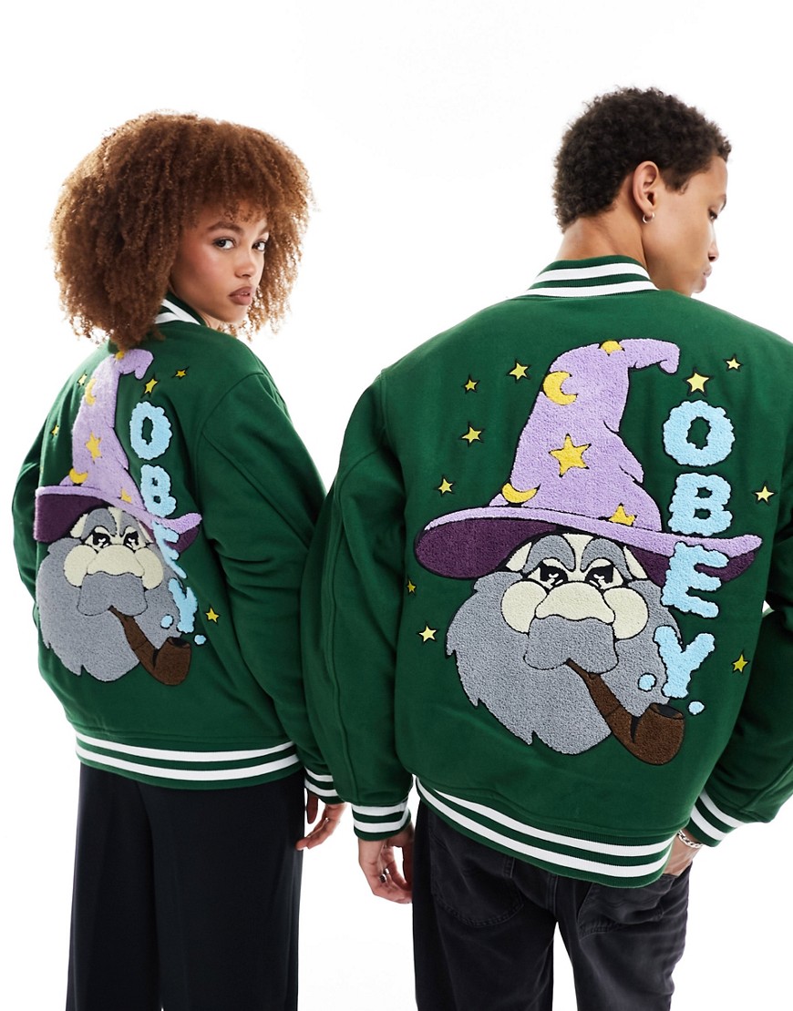 Obey wizard unisex varsity jacket in green