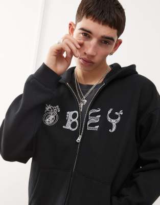 Obey Obey woofcut heavyweight zip hoodie in black