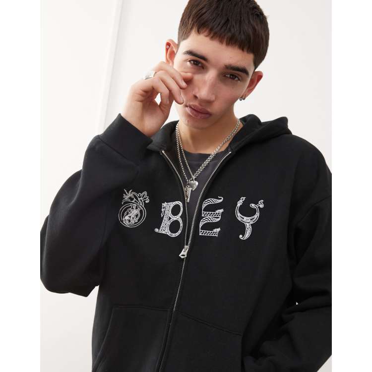Obey woofcut heavyweight zip hoodie in black ASOS