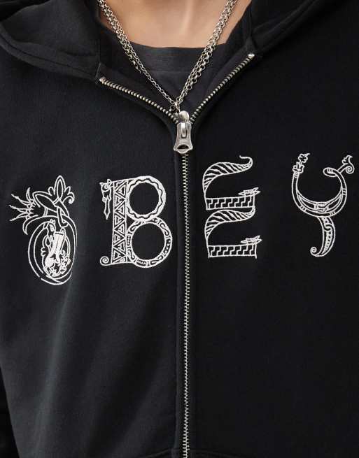 Obey – Woofcut – Svart, kraftig huvtröja med dragkedja, 2 av 4