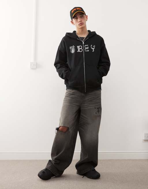 Obey – Woofcut – Svart, kraftig huvtröja med dragkedja, 3 av 4