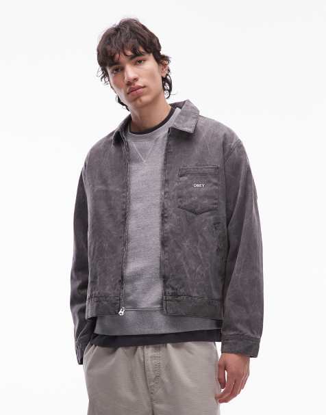 Obey workman zip up trucker jacket in black crinkle wash - view 1