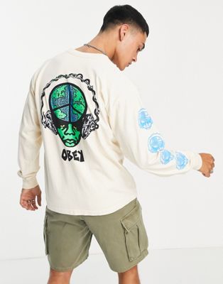 Obey world peace print long sleeve top in off white