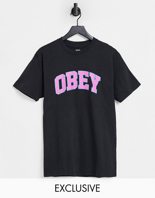 Obey wyatt varsity chest logo t-shirt in black exclusive at ASOS