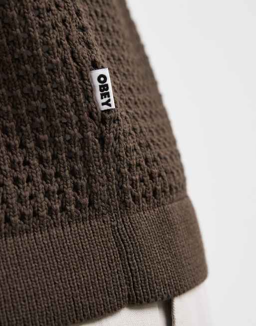 Obey zach knitted button up shirt in brown, 3 of 5