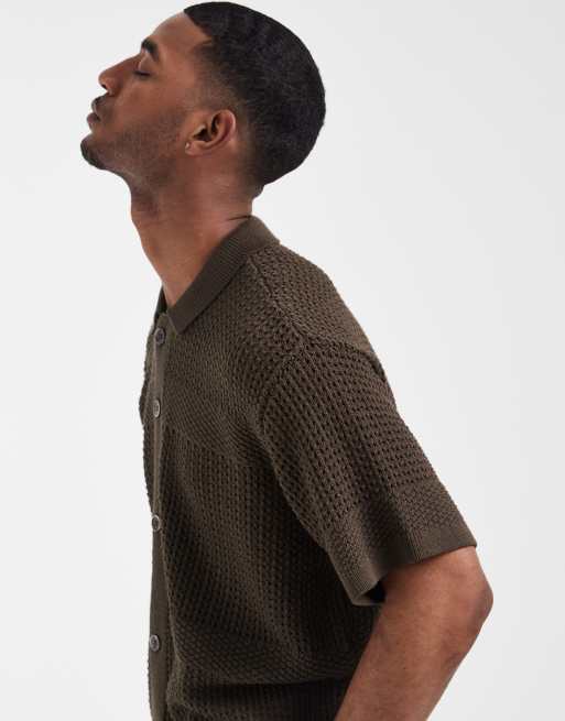 Obey zach knitted button up shirt in brown, 4 of 5