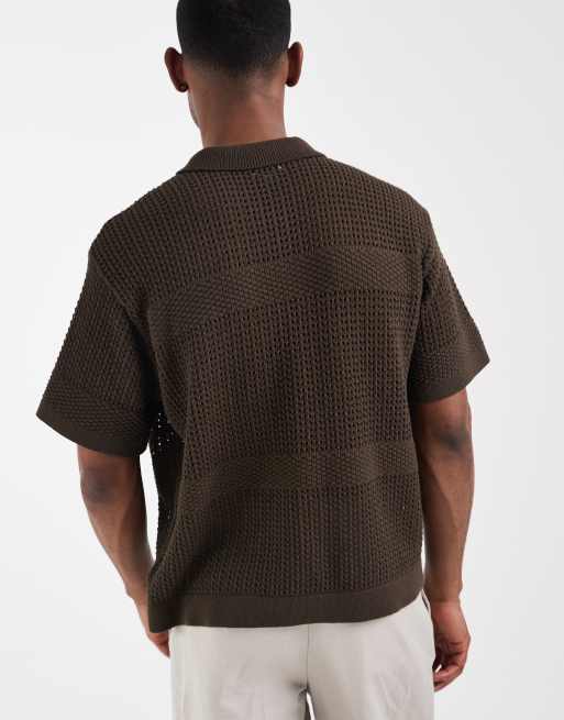 Obey zach knitted button up shirt in brown, 5 of 5