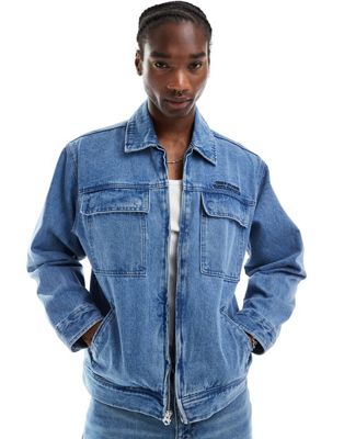 Obey zip through denim jacket with pockets in light indigo wash