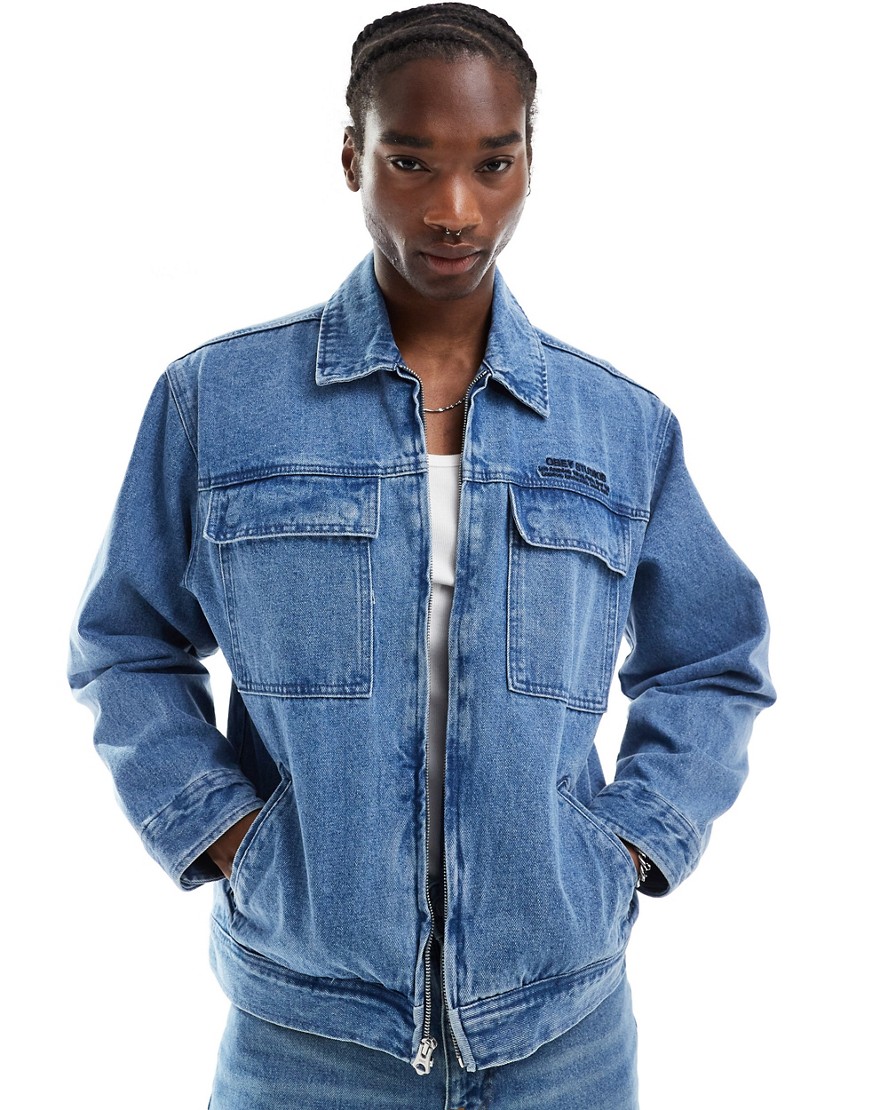 Obey zip through denim jacket with pockets in light indigo wash-Blue