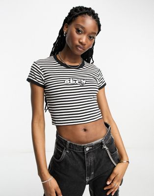 Obey zoe striped crop t-shirt in black  - ASOS Price Checker
