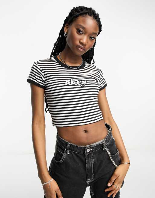 Obey – Zoe – T-shirt o krótkim fasonie w czarne paski 
