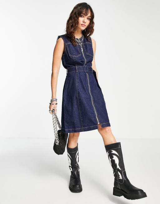 Object 70s pinafore denim dress in dark blue