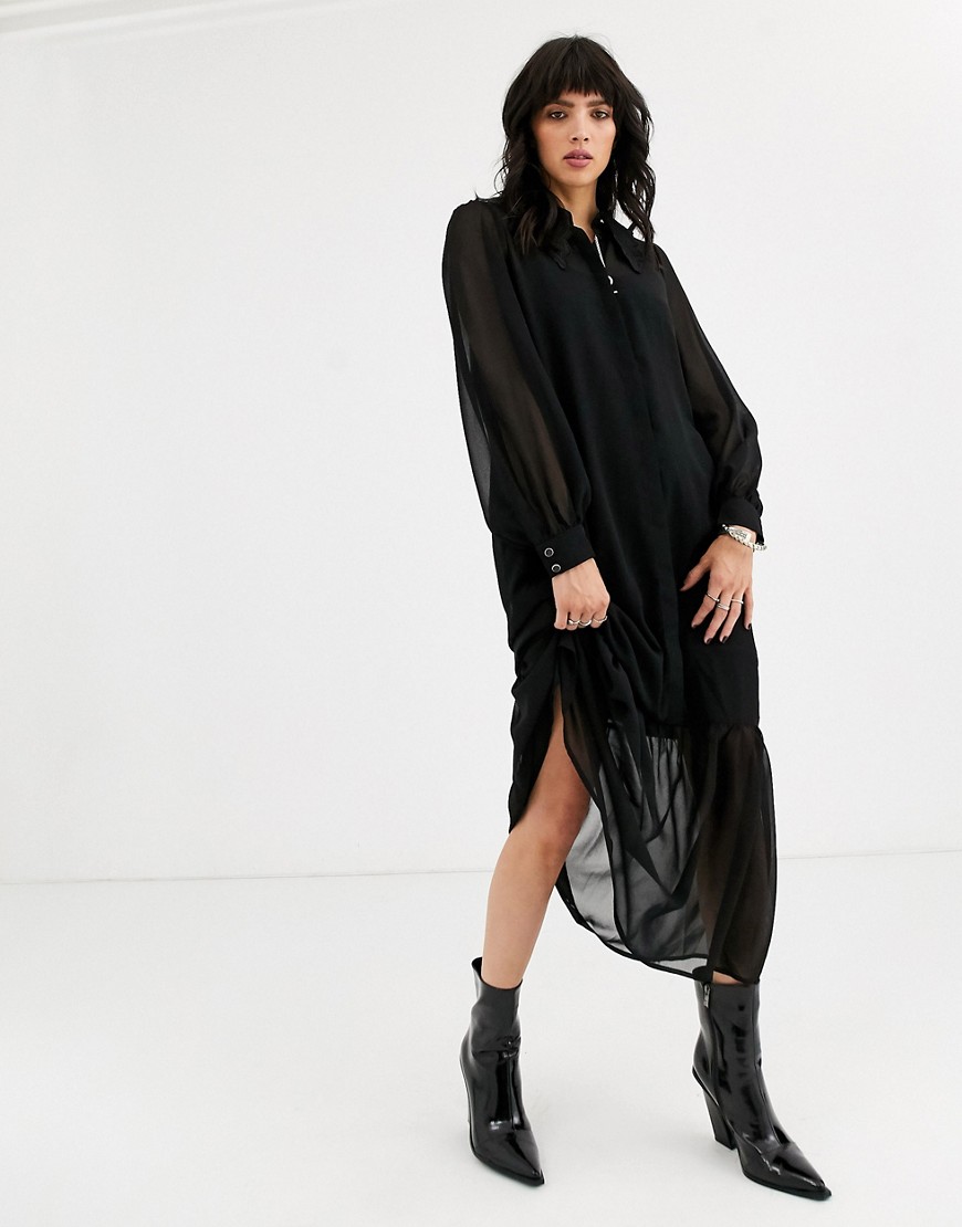 Object - Aangerimpelde lange jurk met prairiekraag-Zwart