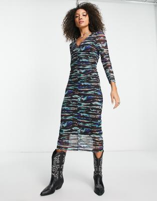 Object printed midi dress with wrap detail in blue and black-Multi