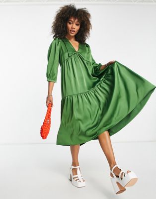 Object Adalina satin smock midi dress in green - ASOS Price Checker