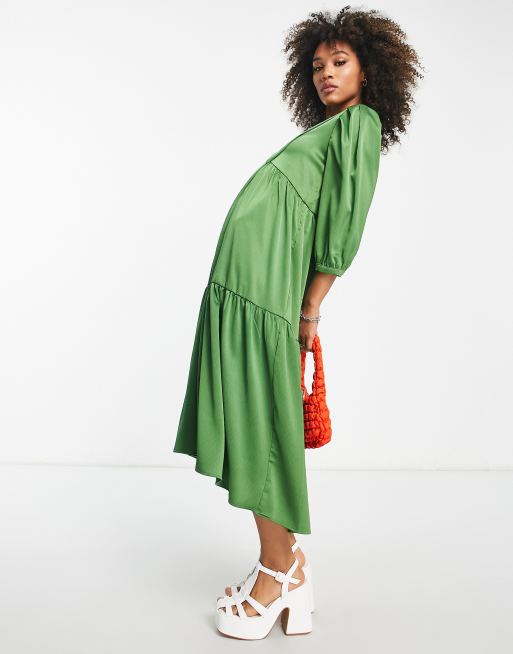 Object Adalina satin smocked midi dress in green | ASOS