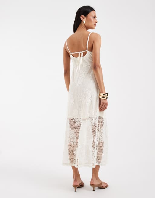 Object all over lace cami midi dress in cream, 4 of 4