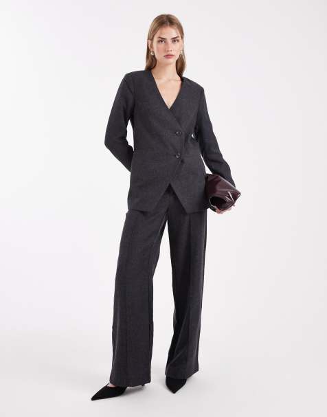 Object asymmetric detail tailored blazer and wide leg pants set in dark heather gray - view 1