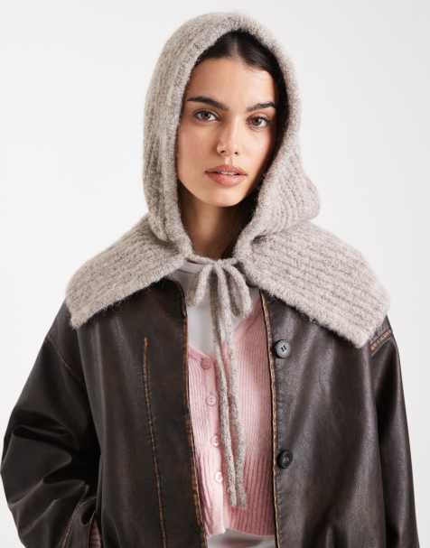 Object – Balaklava-Haube aus Rippstrick in Beige mit Bindeband vorn - view 1