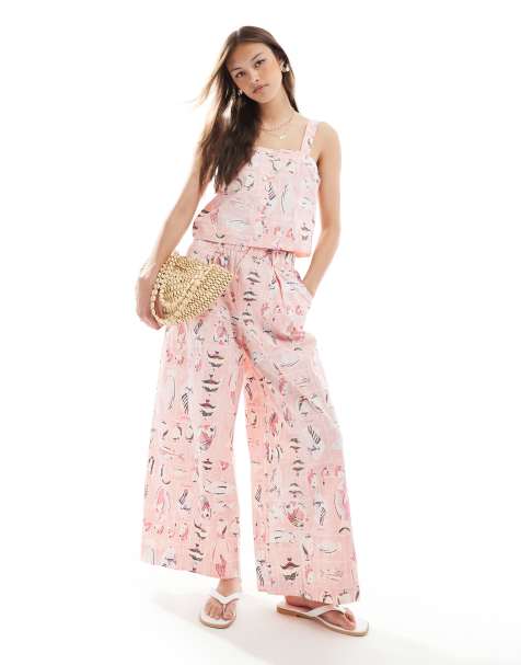 Object vintage wash wide leg cotton trouser co-ord in pink fish print