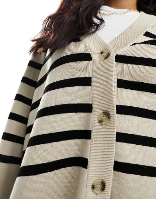 Object – Beige och svart, stickad kofta med knäppning och randigt mönster, 3 av 4
