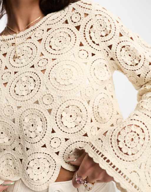 Object bell sleeve cropped crochet top in beige