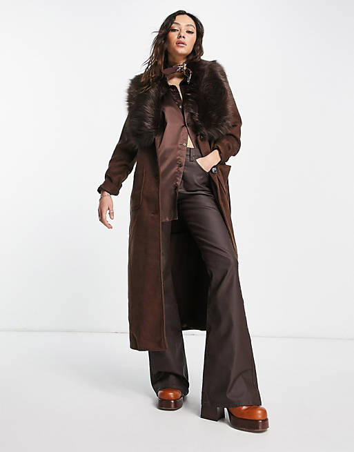 Object belted coat with fur trim in chocolate 