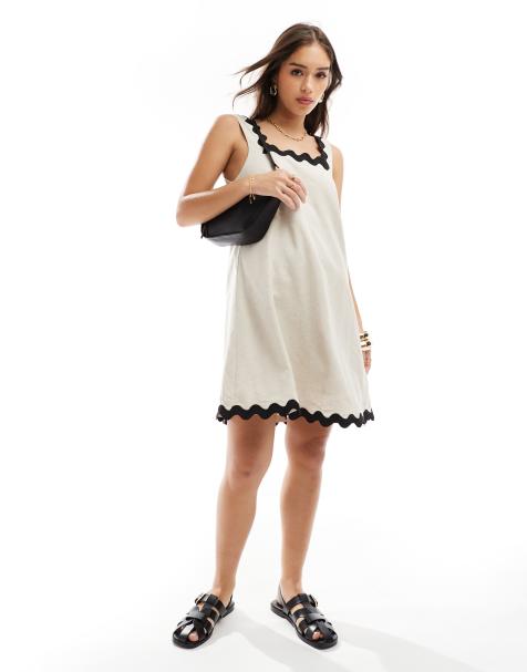 Object linen blend a line mini dress with wavy trim in beige