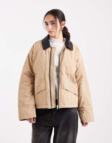 Object water repellent lightly padded barn jacket with faux leather collar in beige 