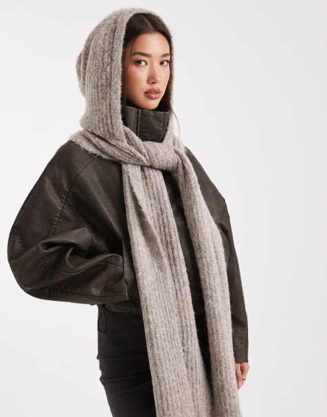 Object super soft knitted hooded scarf in beige melange