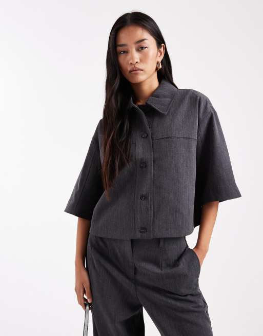 Object - Blazer stile camicia a maniche corte taglio corto grigio scuro mélange in coordinato