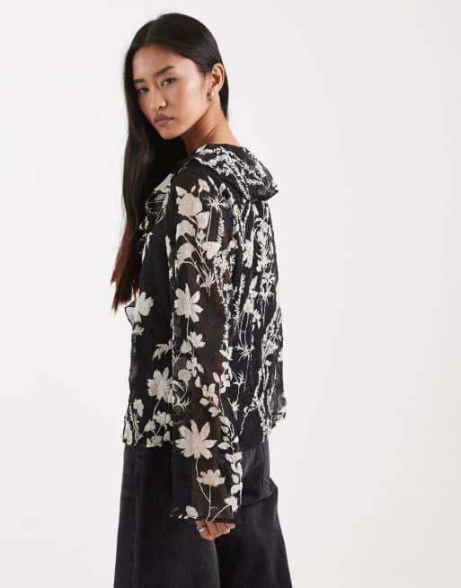 Object - Blouse bohème transparente à volants - Noir à imprimé fleurs, 3 de 4