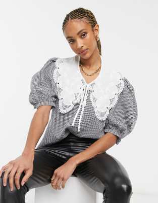 Object blouse with oversized collar and puff sleeves in gingham check ...