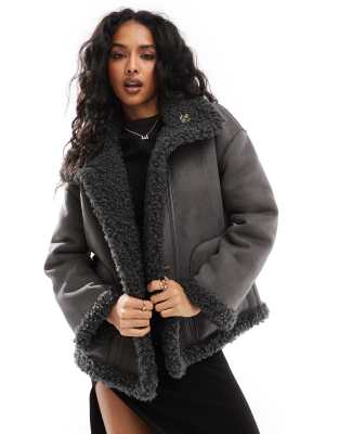 Object - Blouson aviateur réversible imitation daim et shearling - Gris foncé