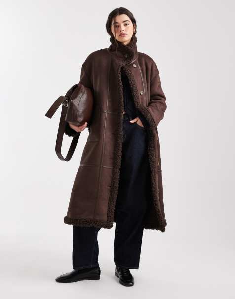 Object borg lined faux shearling maxi coat in chocolate brown - view 1