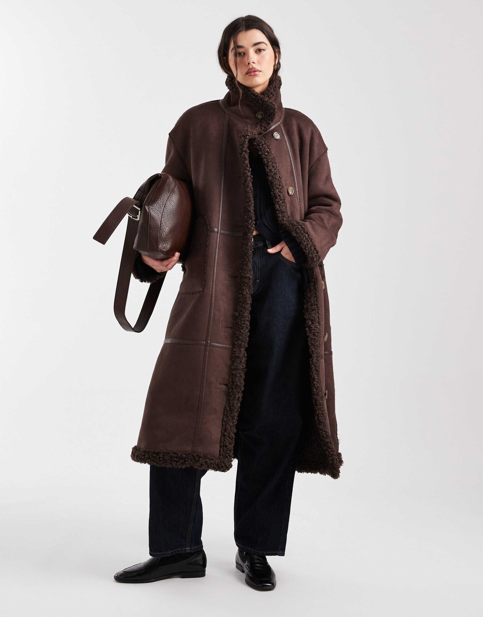 object borg lined faux shearling maxi coat in chocolate brown