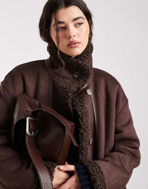 Object borg lined faux shearling maxi coat in chocolate brown | ASOS