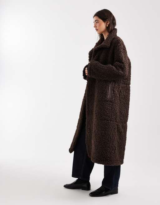 Object borg lined faux shearling maxi coat in chocolate brown | ASOS