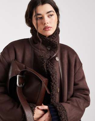 Object Borg Lined Faux Shearling Reversible Maxi Coat In Brown