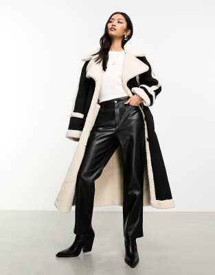 borg paneled suedette maxi coat in black