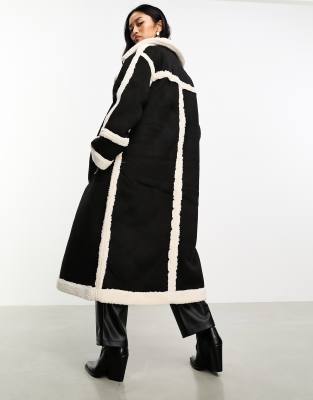 Object Borg Paneled Suedette Maxi Coat In Black