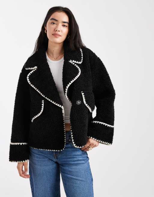Object borg teddy aviator jacket with contrast stitch in black