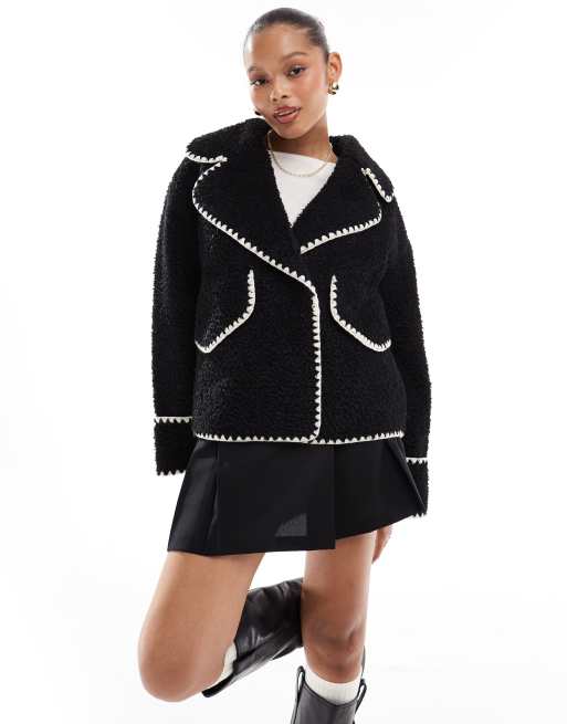Object borg teddy aviator jacket with contrast stitch in black