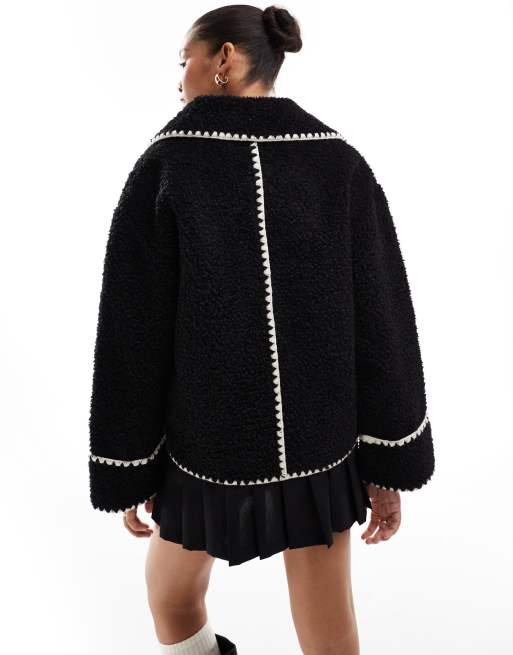 Object borg teddy aviator jacket with contrast stitch in black