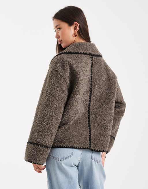 Object borg teddy aviator jacket with contrast stitch in brown